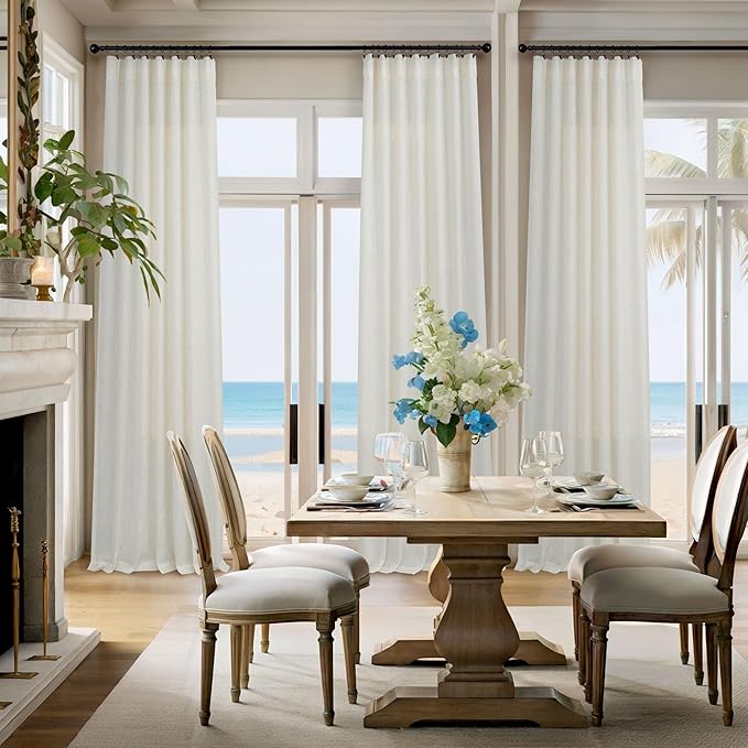 Pitalk Off White Linen Curtains 92 Inch Length 2 Panels for Living Room Dining Back Tab Pocket Pleated Look Window Curtain Drape Rustic Farmhouse Decor Ivory Cream Curtain for Bedroom 52 x 92 Long