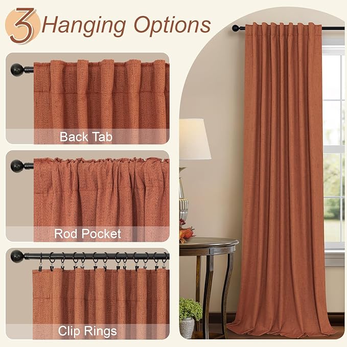 Pitalk Terracotta Blackout Curtains for Nursery 63 Inch Length 2 Panel Autumn Fall Decoration Linen Boho Western Curtain for Bedroom Window Room Darkening Rust Curtains for Living Room Dining MCM