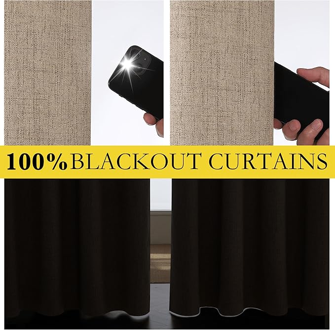 NICETOWN Burlap Vintage Open Linen Weave Flax Thermal Curtains, 100% Blackout Curtains 90" Long for Dining Room, Soundproof Window Treatment Drapes for Home Cinema, 52" Wide Per Panel, Set of 2