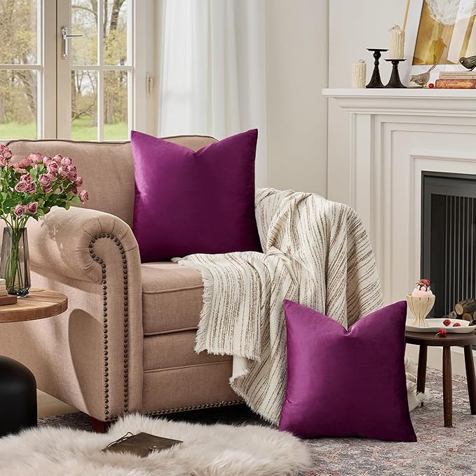GIGIZAZA Purple Decorative Velvet Decorative 20x20 Throw Pillow Covers for Sofa Bed 2 Pack Soft Cushion Cover