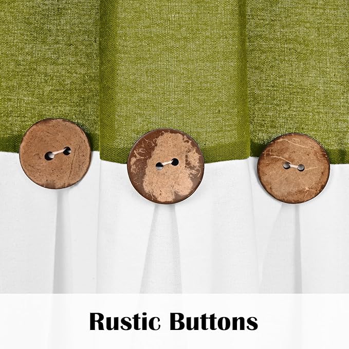 FRAMICS Farmhosue Kitchen Curtains 36 Inch Length, Rustic Cotton Linen Tier Curtains, Boho Button Short Curtain for Windows, Rod Pocket Small Window Curtain, Fresh Green and White, 26x36