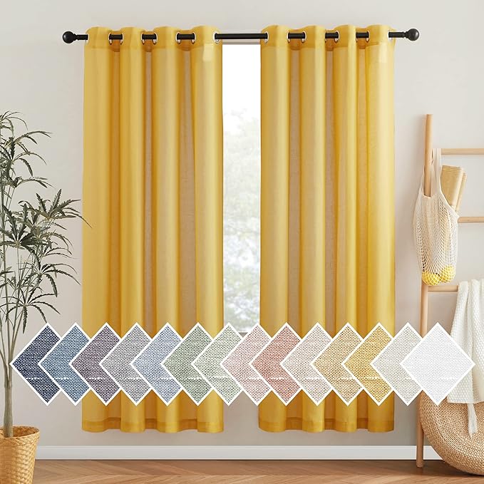 NICETOWN Linen Sheer Curtains 72 inch Length 2 Panels, Grommet Linen Blend Privacy with Light Filtering Gold Window Drapes for Bedroom/Girls Room, Citrine, W52 x L72, 2 Panels
