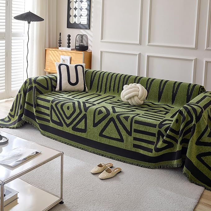 HANDONTIME Boho Geometric Couch Covers for Sofa Pet Friendly Avocado and Black Sofa Covers Washable Chenille Couch Blanket Cover for 2 3 Cushion Couches Pet Protector Furniture Cover Soft, 71" X 118"