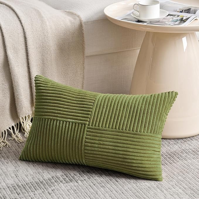 Fancy Homi 2 Packs Moss Green Lumbar Decorative Throw Pillow Covers 16x32 Inch for Living Room Couch Bed, Rustic Farmhouse Boho Home Decor, Soft Striped Corduroy Rectangle Accent Cushion Case 40x80 cm