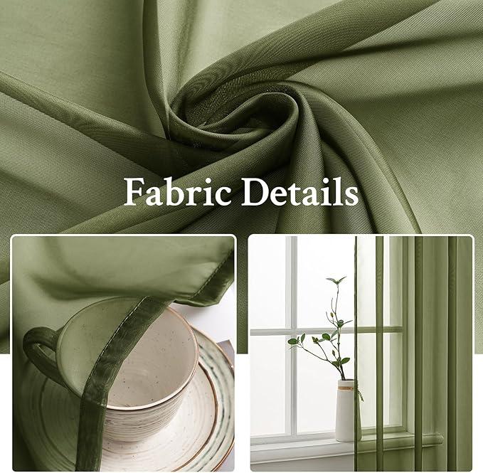 MIULEE 2 Panels Solid Color Sheer Window Curtains Elegant Window Voile Panels/Drapes/Treatment for Bedroom Living Room (54X45 Inches Olive Green)