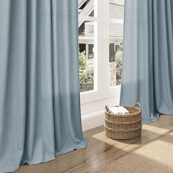 Extra Long Light Blue Linen Curtains 120 Inch for Living Room 2 Panels Set Rod Pocket Back Tab Light Filtering Semi Sheer Soft Linen Window Drapes Privacy High Ceiling Drapes for Farmhouse 52x120