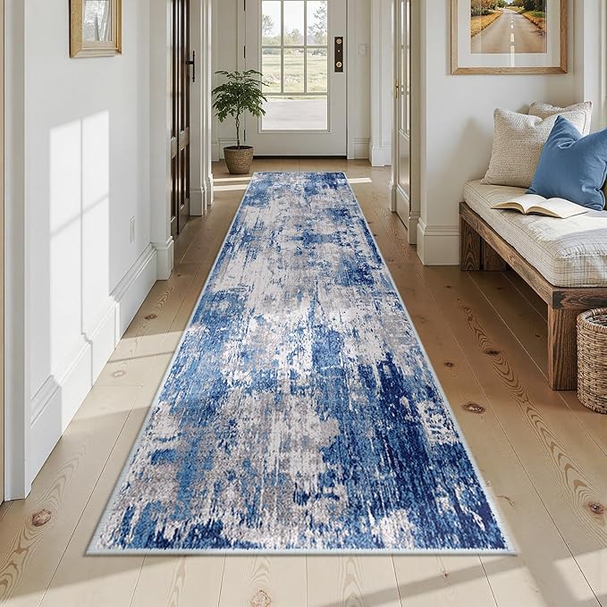 Washable Area Rugs 2'6'' x12 Non-Slip Modern Abstract Soft for Living Room Entryway Bedroom Nursery, Print Pattern, Blue Grey Navy Gray