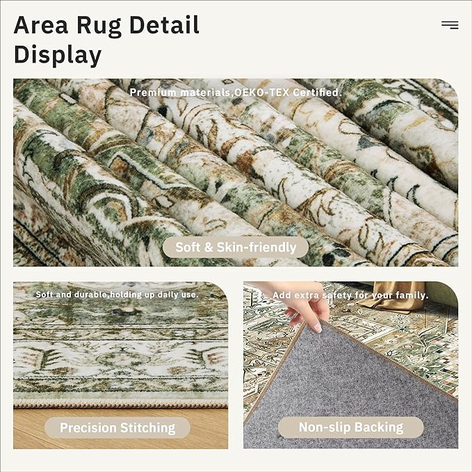 Soalmost 5x7 Area Rugs Low Pile Indoor Washable Trendy Faded Style Rugs for Bedroom Living Room Dining Room Foldable Non-Slip Thin Print Mat Green Olive Beige