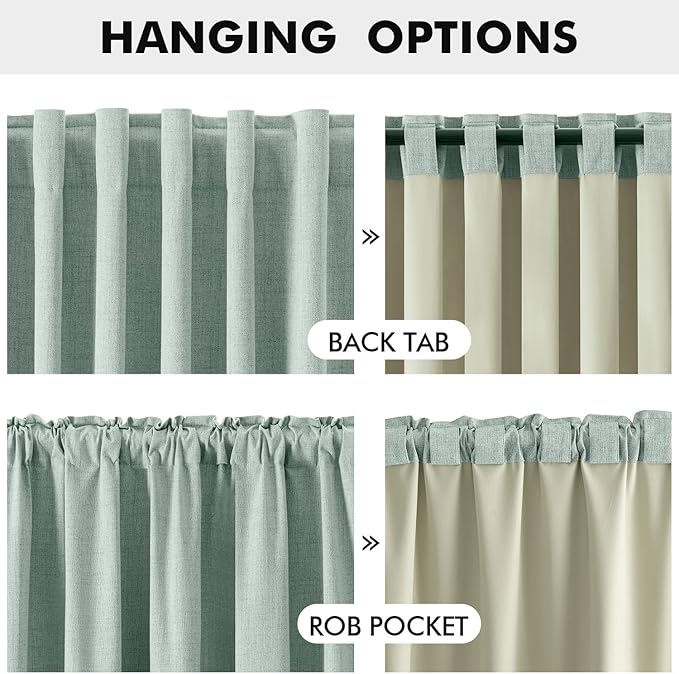 MIULEE 100% Blackout Linen Curtains for Bedroom, Seafoam Green Solid Luxury Decor Thermal Insulation Room Darkening Drapes for Living Room Nursery Back Tab Rod Pocket 42 x 63 Inches, 2 Panels