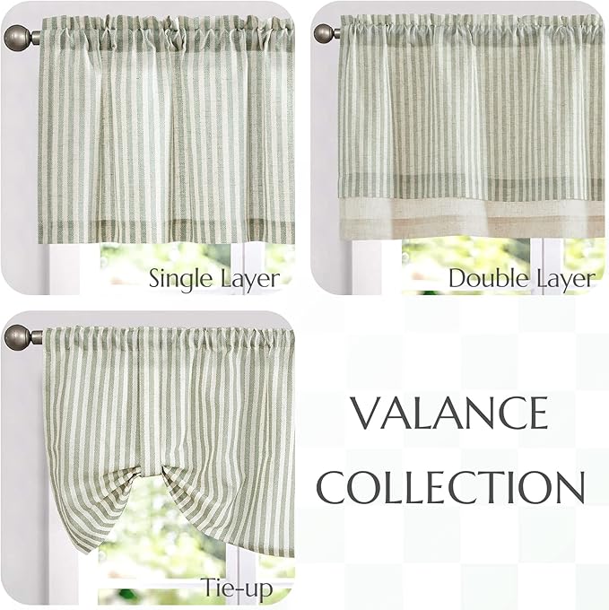 jinchan Linen Valance Curtain Striped Small Window Curtain Double Layer Light Filtering Modern Farmhouse Valance for Kitchen Living Room Bedroom 18 Inch Rod Pocket 1 Panel Green on Beige