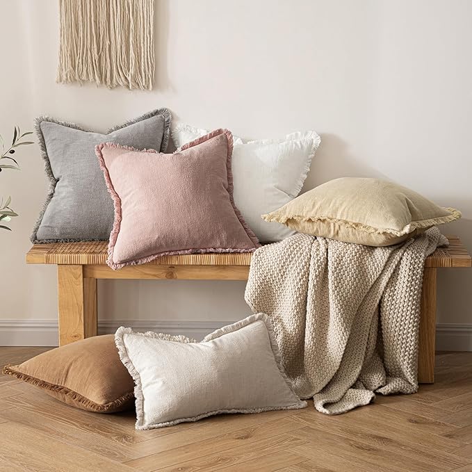 MIULEE Decorative Throw Pillow Covers Neutral Linen Fringe Throw Pillows Euro Shams Set of 2 White Boho Farmhouse Cushion Covers for Couch Sofa Bed Living Room Spring Home Decor 24x24 Inch
