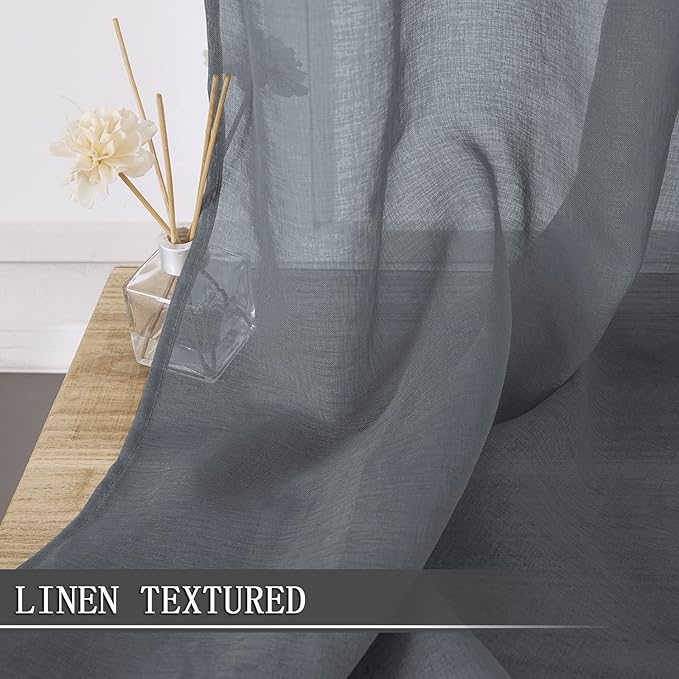 Tollpiz Sheer Curtains Living Room Linen Textured Curtain Sheers Light Filtering Voile Rod Pocket Curtains for Bedroom, 38 x 63 inches Long, Dark Grey, Set of 2 Panels