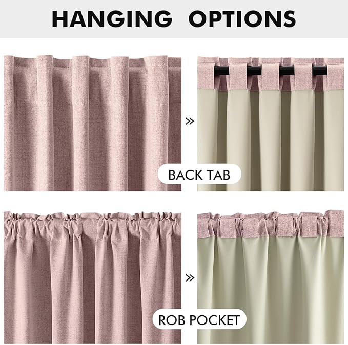 MIULEE 100% Blackout Linen Curtains for Bedroom, Pink Solid Luxury Decor Thermal Insulation Room Darkening Drapes for Living Room Nursery Back Tab Rod Pocket 42 x 63 Inches, 2 Panels