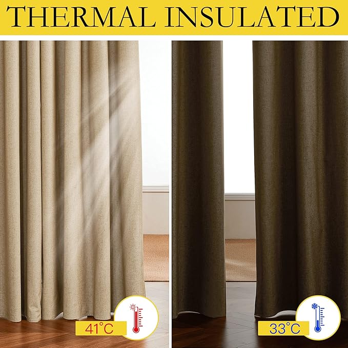 NICETOWN 100% Absolutely Blackout Linen Curtains with Thermal Insulated White Liner, Camel, W52 x L108, 2 Panels, Textured Linen Look Noise Reducing Window Treatments Drapes for Bedroom/Living Room
