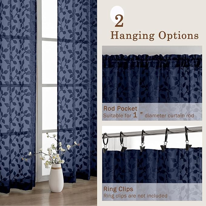 Chyhomenyc Navy Blue Sheer Curtains 63 Inch Length 2 Panels Set, Light Filtering Tufted Textured Soft Airy Rod Pocket Beautiful Leaf Window Treatment Drapes for Bedroom Living Room, 42" Wx63 L, 2PCS