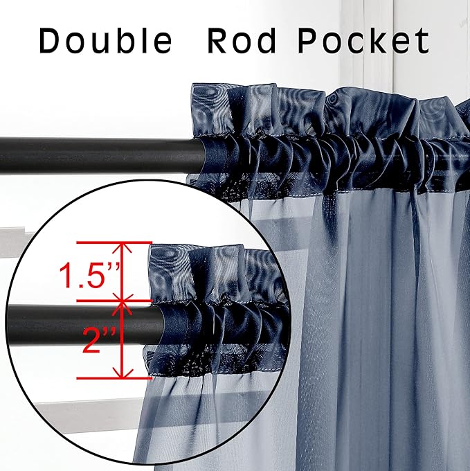 OVZME Sheer Curtains 45 inches Long for Kitchen Curtains, Rod Pocket Clean Selvedge Voile Window Treatments, 2 Panels=84 Inches Width, Navy Blue.