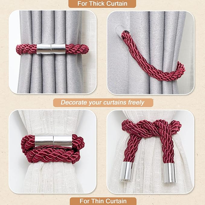 NICEEC 2 Pack Strong Magnetic Curtain Tiebacks Modern Simple Style Drape Tie Backs Convenient Decorative Weave Rope Curtain Holdbacks for Thin or Thick Home & Office Window Draperies (Wine Red)