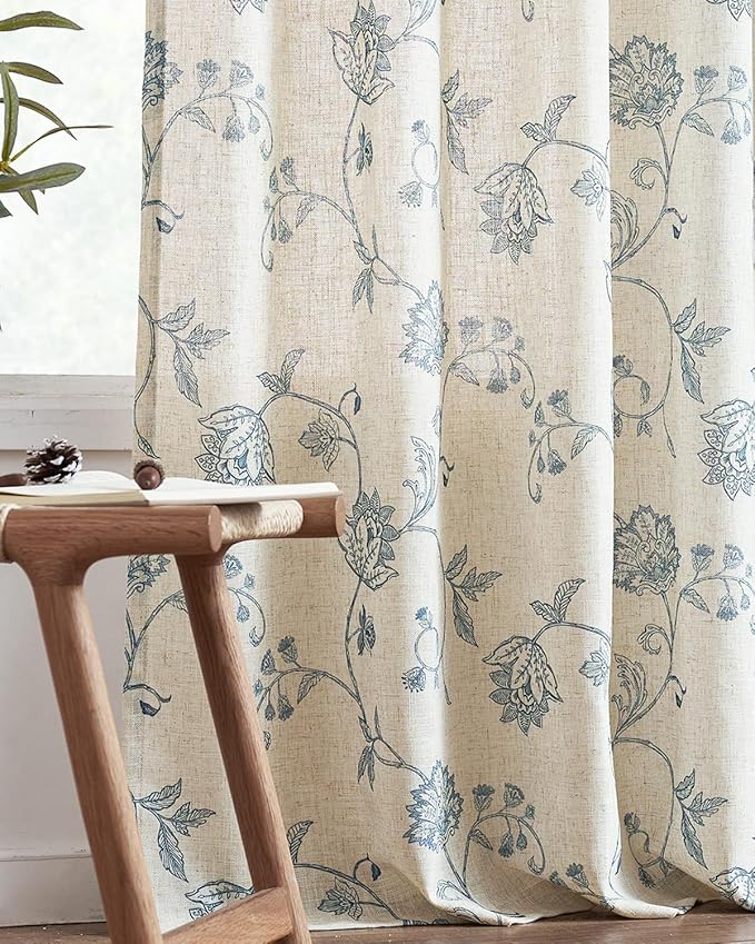 jinchan Linen Curtains Floral Curtains 63 Inch Length for Living Room Bedroom Light Filtering Rod Pocket Back Tab Jacobean Curtains Flax Linen Texture Window Drapes Set 2 Panels Blue on Linen