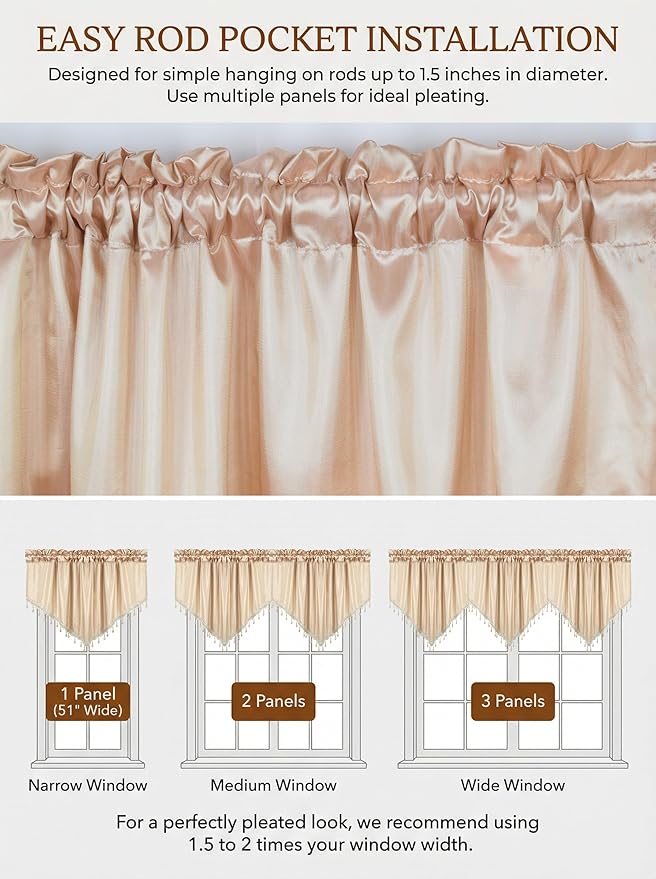 Molaxhome Swag Curtain 51 inch Length Rod Pocket Scalloped Curtain Valance Sheer Lace Panels with Hanging Crystal Beads for Kitchen Bedroom Window Treatments Drape Decor 1pc (Cloth Beige, 51Wx23L)