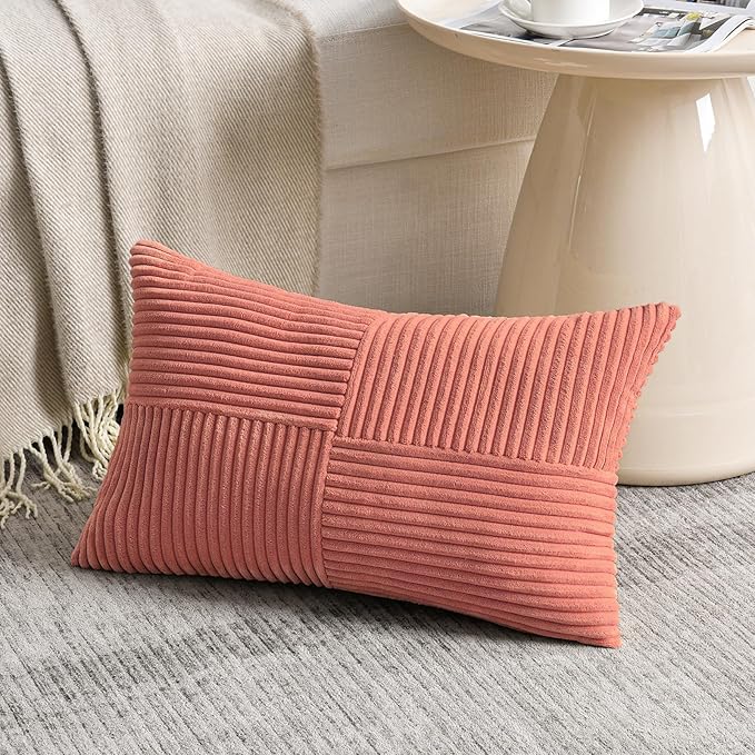 Fancy Homi 2 Packs Coral Lumbar Decorative Throw Pillow Covers 14x22 Inch for Living Room Couch, Rustic Farmhouse Boho Home Decor, Soft Striped Corduroy Rectangle Accent Peach Cushion Case 35x55 cm