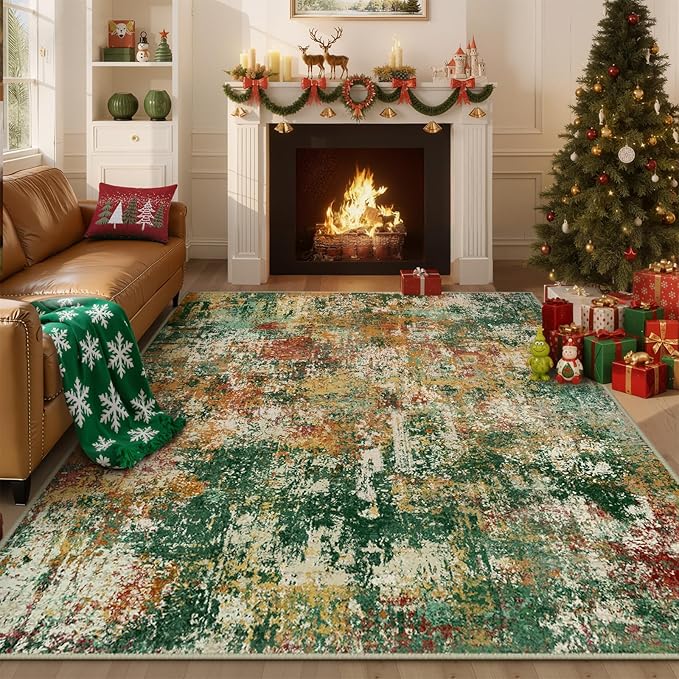 Washable Area Rugs 8'x10' Non-Slip Modern Abstract Soft for Living Room Entryway Bedroom Nursery, Print Pattern, Green Orange Rust Red Cream Colorful