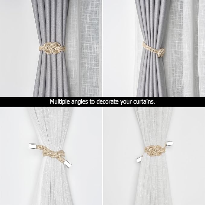 NICEEC 4 Pack Mini Magnetic Curtain Tiebacks Nordic Simple Style Drape Tie Backs Elegant Hand Weave Rope Knot Decorative Curtain Holdbacks for Home & Office Thin Window Drapery (Beige)