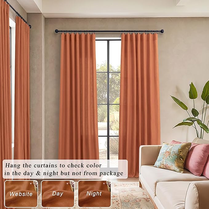 Pitalk Burnt Orange Curtains 84 Inch Length for Living Room 2 Panels Back Tab Pocket Flax Linen Blend Drapes Light Filtering Semi Sheer Boho Curtain for Bedroom Bohemian Farmhouse Rust Copper Brown