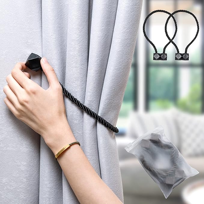 NazTur Magnetic Curtain Tiebacks- Upgrade 2022 with a Thicker Twist Rope & Strong Magnet Tieback Window Treatment Holdbacks Draperies Holders Decorative Drape Handmade Tie Back (Black, 2)