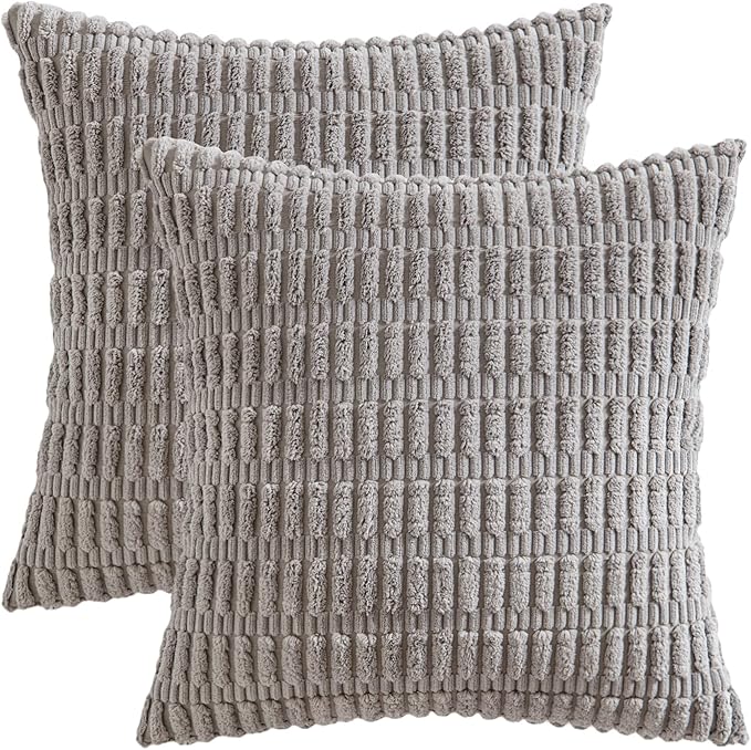 MIULEE Pack of 2 Corduroy Decorative Euro Sham Throw Pillow Covers 22x22 Inch Soft Boho Striped Pillow Covers Modern Farmhouse Home Decor for Sofa Living Room Couch Bed Light Grey
