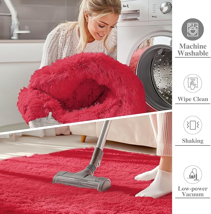 OLANLY 5x7 Machine Washable Large Area Rugs for Living Room, Bedroom, Soft Fluffy Shaggy Bedside Rug, Indoor Floor Carpet for Kids Girls and Boys, Dorms, Nursery, Home Decor Aesthetic, Red
