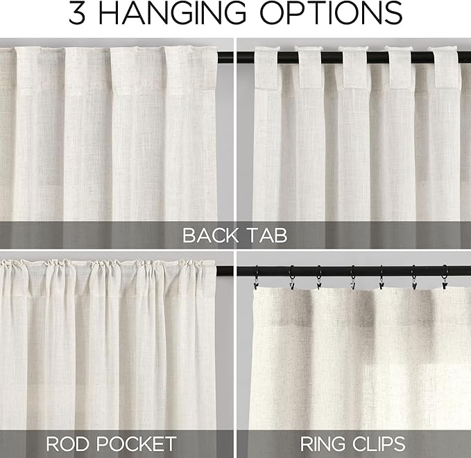 Nanspring Cream Linen Back Tab Curtains 86 Inch Length for Living Room 2 Panel Set Farmhouse Window Semi Sheer Linen Drapes Rustic Pinch Curtain for Bedroom 52X86