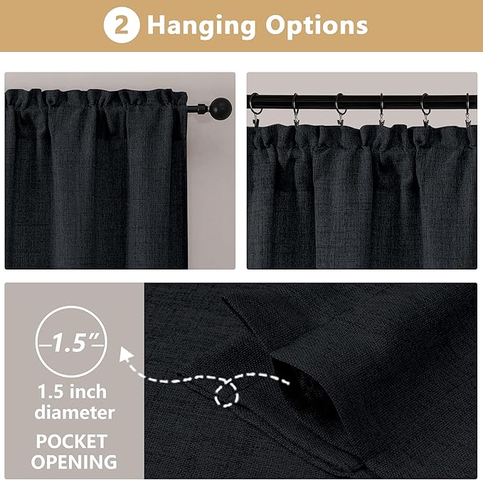 OVZME Black Valance for Windows, Light Filtering Faux Linen Textured Small Cafe Valances for Windows, Dual Rod Pocket Farmhouse Short Curtain for Bathroom Basement, 60Wx24L inch, 1 Piece