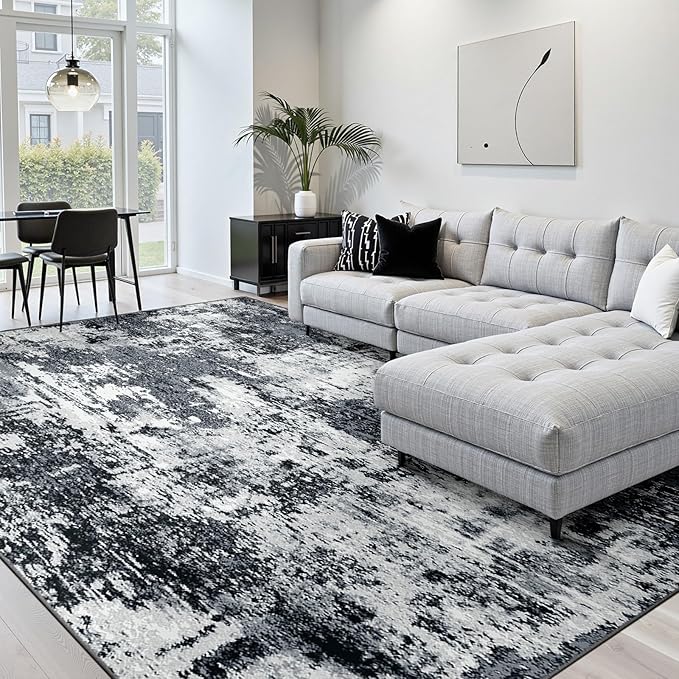 Washable Area Rugs 10'x14' Non-Slip Modern Abstract Soft for Living Room Entryway Bedroom Nursery, Print Pattern, Black Navy Blue Gray