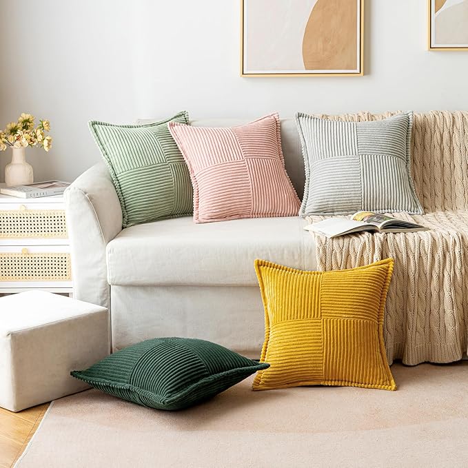 MIULEE Decorative Throw Pillow Covers for Couch Bed Livingroom 16x16 Inch Set of 2 Dark Green Boho Accent Throw Pllows Broadside Striped Patchwork Soft Corduroy Pillowcases