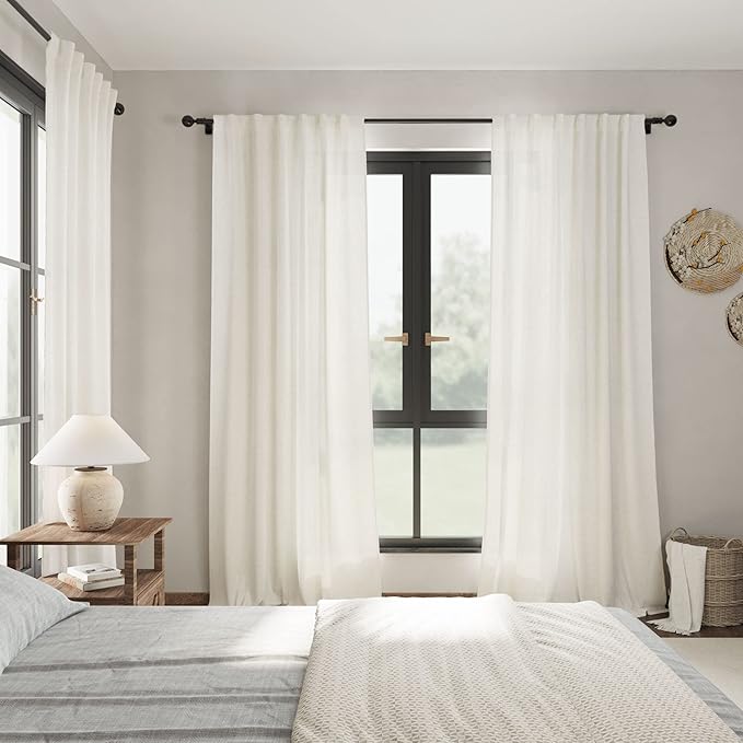 Cream Linen Curtains 102 inches Long 2 Panels Set for Living Room Extra Long Back Tab Curtains Neutral Farmhouse Light Filtering Semi Sheer Linen Drapes Ceiling to Floor for Large Window Ivory
