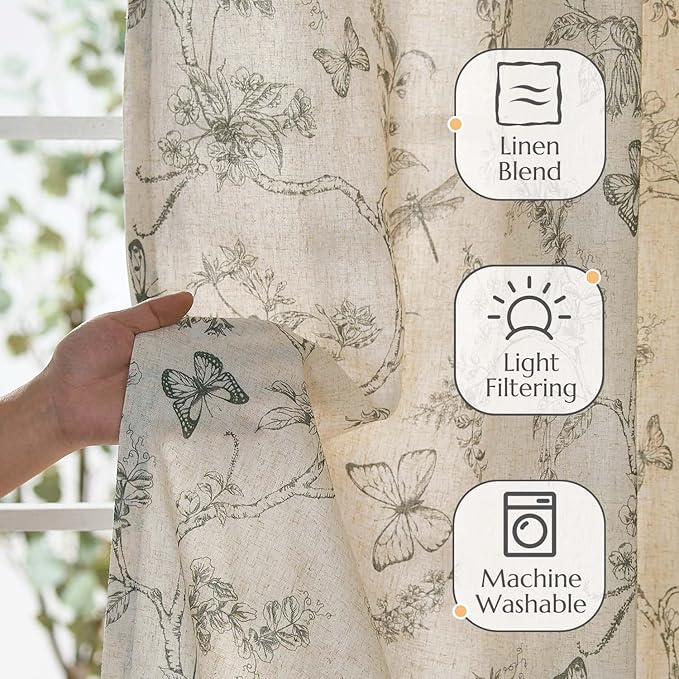 jinchan Floral Curtains Lined Linen Blend Curtain for Living Room 96 Inch Length Grey Flower Farmhouse Curtains French Country Gray Patterned Curtain Drapes Back Tab Rod Pocket 2 Panels