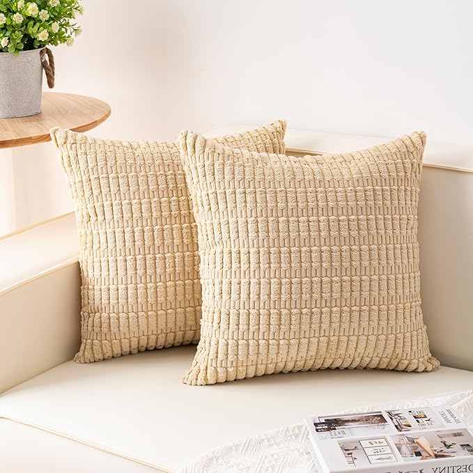 Pack of 2 Corduroy Decorative Throw Pillow Covers 24x24 InchSoft Striped Pillow Covers Modern Farmhouse Home Decor for Sofa Living Room Couch Bed（Beige）