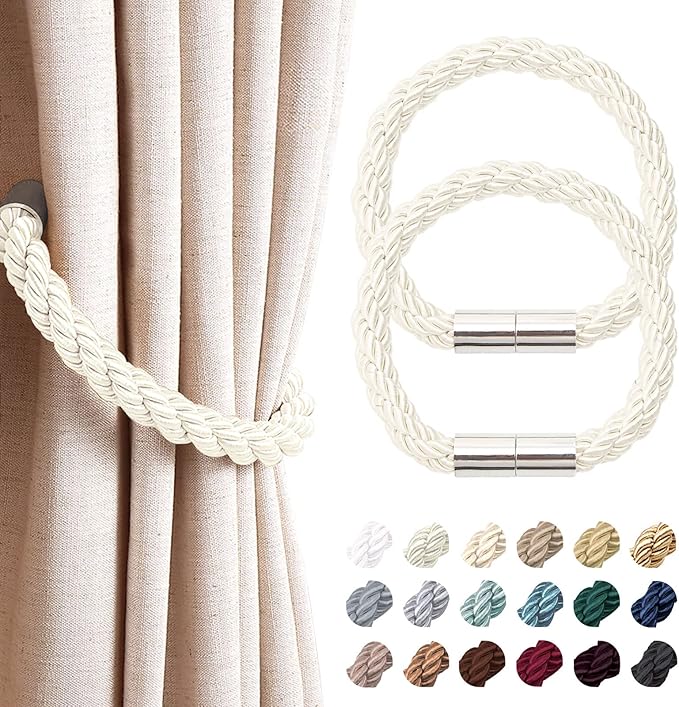 NICEEC 2 Pack Strong Magnetic Curtain Tiebacks Modern Simple Style Drape Tie Backs Convenient Decorative Weave Rope Curtain Holdbacks for Thin or Thick Home & Office Window Draperies (Cream)