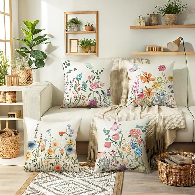 ONFAON Spring Pillow Covers 16x16 Inch Set of 4,Seasonal Floral Outdoor Decorative Square Linen Farmhouse Decor Cushion Covers for Home Sofa Bed Couch