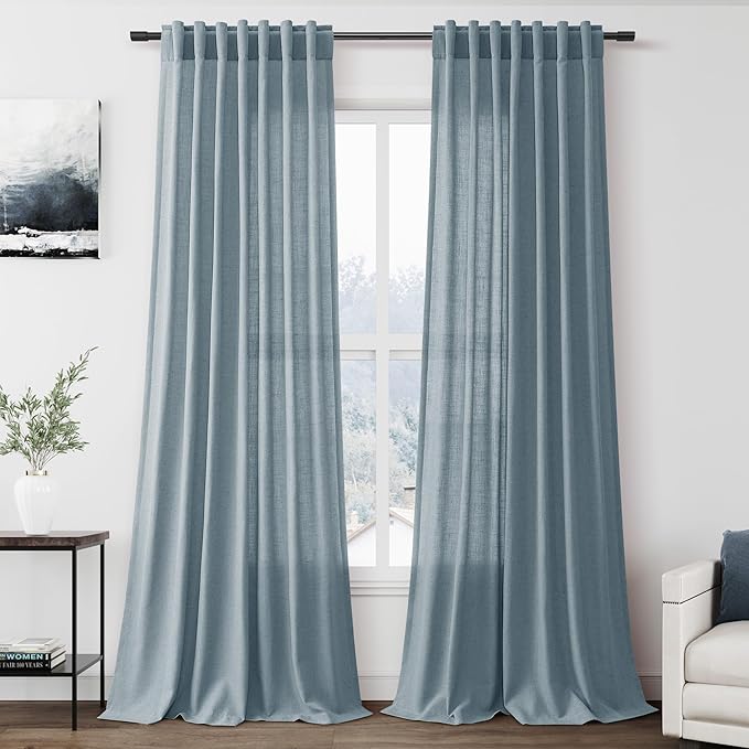 Nanspring Light Blue Linen Curtains 102 Inches Long Rod Pocket Back Tab Drapes 2 Panels Set for Living Room Bedroom Light Filtering Semi Sheer Light Blue Curtain 102 Length for Patio Door 52x102