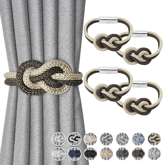 NICEEC 4 Pack Mini Magnetic Curtain Tiebacks Nordic Simple Style Drape Tie Backs Elegant Hand Weave Rope Knot Decorative Curtain Holdbacks for Home & Office Thin Window Drapery (Coffee & Beige)