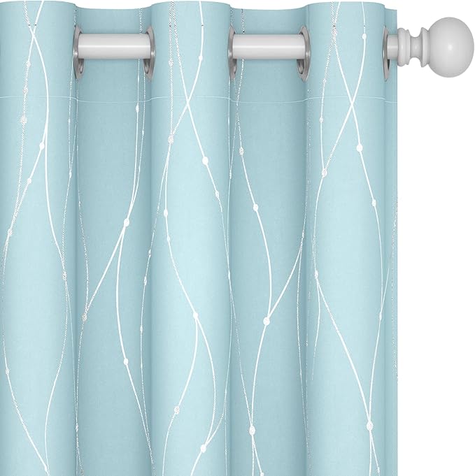 Deconovo Blackout Curtains, Thermal Insulated Soundproof Grommet Drapes, Wave Dot Foil Print, 42 x 84 Inch, Set of 2, Machine Washable Window Panel for Bedroom Living Room Nursery Kitchen, Light Blue