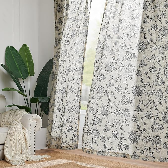 jinchan Linen Floral Curtains for Living Room with Printed Flower 84 Inches Long Light Filtering French Country Back Tab Rod Pocket Black Window Curtain Set Farmhouse Drapes 2 Panels Black