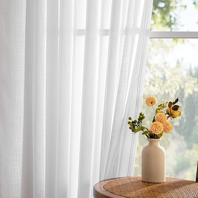 MYSKY HOME White French Door Curtains for Door Window 40 Inch Length 2 Panels Semi Sheer Light Filtering Curtain for Glass Small Window Drapes Rod Pocket for Bedroom Bathroom, Pure White, 26" Wide