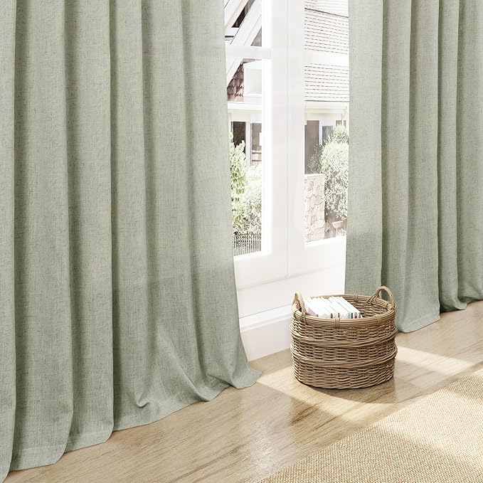 Sage Green Curtains 120 inches Long 2 panels for Living Room Back Tab Rod Pocket Semi Sheer Linen Drapes Neutral Room Decor Earth Tone Pale Green Curtains Ceiling to Floor Length for Diningroom