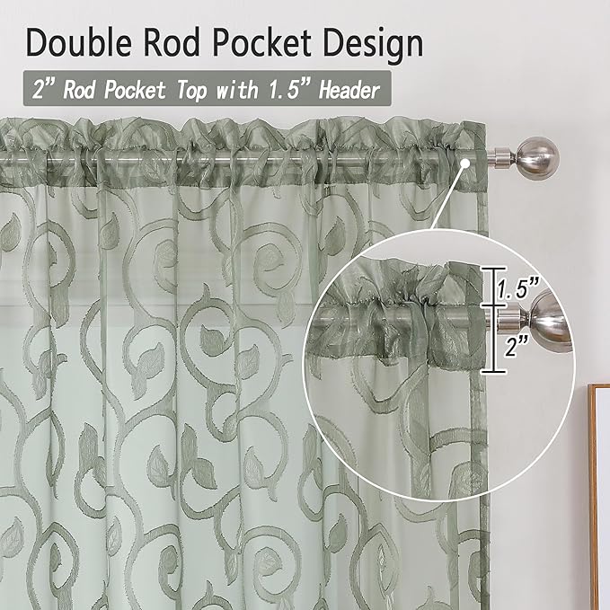 OWENIE Furman Sage Green Sheer Curtains 96 inches Extra Long for Bedroom Living Room 2 Panels Set, Light Filtering Soft Semi Sheer Jacquard Clip Farmhouse Curtains Rod Pocket Design, 40Wx96L inch