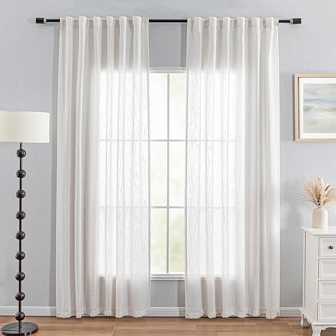 MYSKY HOME Natural Linen White Curtains 80 Inches Long, Semi Sheer Soft Cotton Window Drapes Set for Living Room Back Tab Elegant Cute Look Country Bedroom Curtains, Beige White, 50" x 80", Pack-2