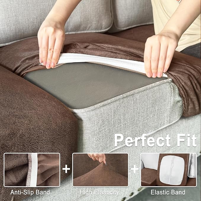 Leather Look Couch Cushion Covers Sofa Seat Slipcovers Sets Couches Furniture Protector for Sectional Armchair Loveseat Pets Kids Stretch Spandex Fabric (2 Cushion Loveseat, Brown)