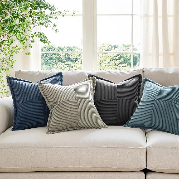 MIULEE Decorative Throw Pillow Covers for Couch Bed Livingroom 12x12 Inch Set of 2 Blue Boho Accent Throw Pllows Broadside Striped Patchwork Soft Corduroy Pillowcases