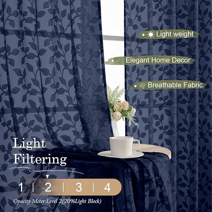 Chyhomenyc Navy Blue Sheer Curtains 24 Inch Length, Light Filtering Leaf Tufted Textured Small Window Kitchen Curtain Over Sink, Short Half Window Curtains for Bathroom Basement, 30" Wx24 L, 2 Panels